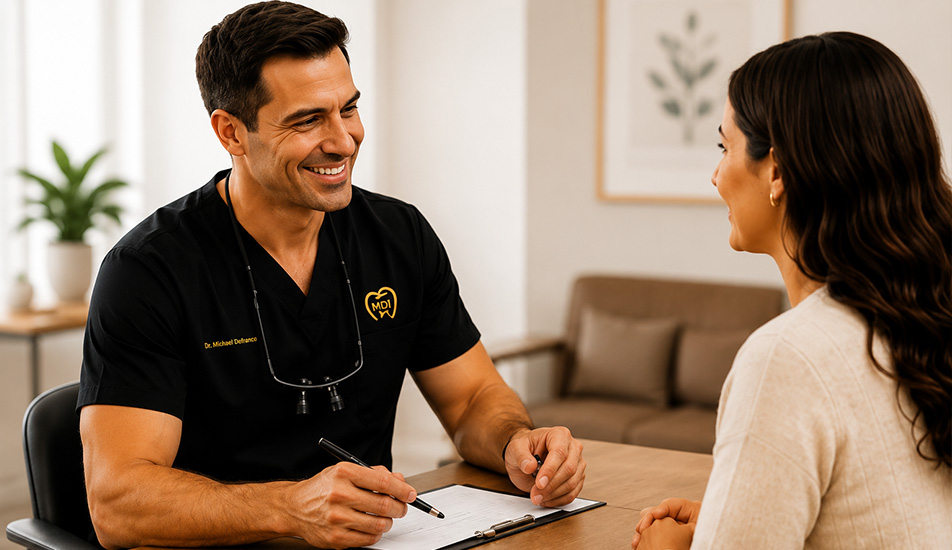 A dentist listening to a patient during a first visit at Modesto Dentistry And Implants