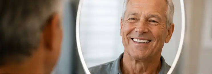Patient smiling with a healing set of teeth at Modesto Dentistry And Implants